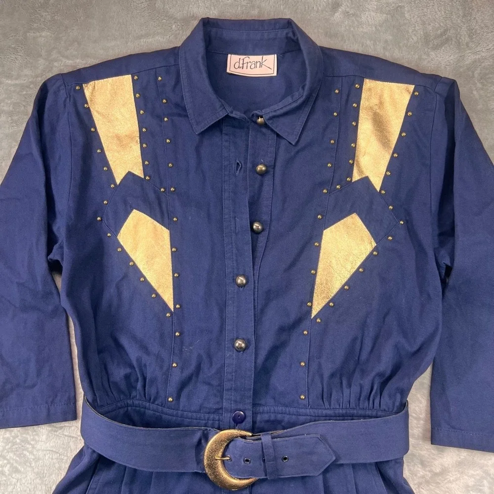 Vintage d.Frank Navy Blue Western Studded Gold Metallic Belted Midi Dress Womens